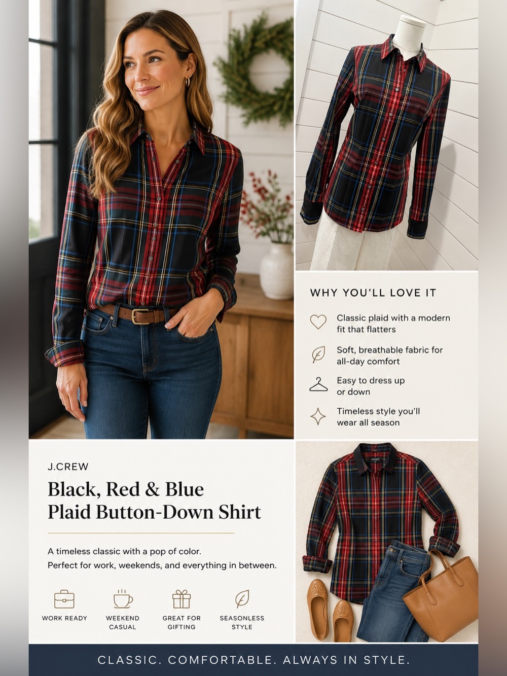 J. Crew Black, Red & Blue Plaid Button-Down Shirt